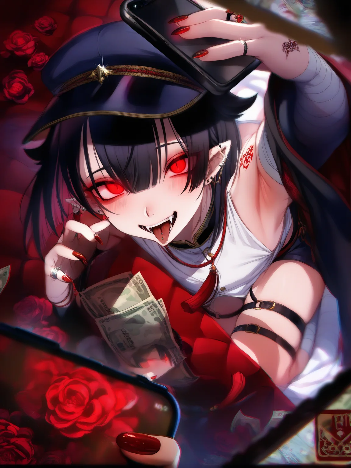 Masterpiece, Best Quality, Best Score, Best Anatomy,
 <lora:[Ikezaki Misa] Assorted Artworks Omnibus Style IllustriousXL:1>red eyes, tongue out, black hair, red nails, nail polish, male focus, hat, money, ear piercing, holding phone, looking at viewer, jewelry, cellphone photo, 1boy, fangs, otoko no ko, armpits, smartphone, stud earrings, open mouth, thigh strap, tattoo, bandages, black headwear, teeth, shorts, tongue piercing, peaked cap, selfie, bare shoulders, fingernails, flower, androgynous, banknote, short hair, vampire, multiple boys, sleeveless shirt, blush, ring, detached sleeves, hair between eyes, tassel, smile, bandaged arm, pointy ears, chromatic aberration, glowing eyes, arm up, cover, glint,