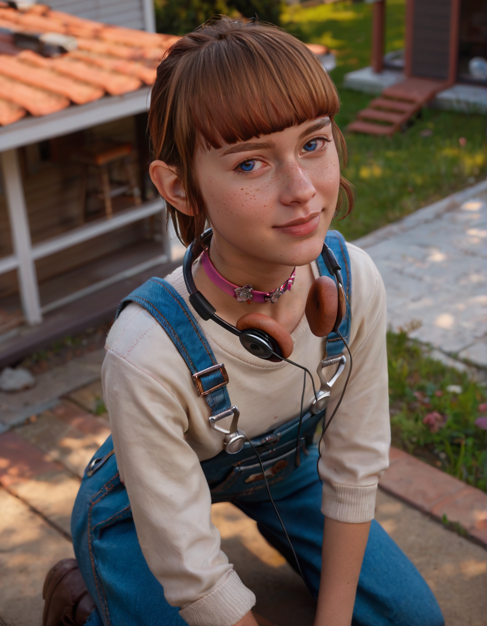 CyberRealisticPony_POSV1, <lora:kat_v1.7-000013:0.8>, 1girl, young, k4tgirl, pale skin, dark blue eyes, brown hair, short ponytail, sidelocks, blunt bangs, freckles, pink choker, headphones around neck, blue overalls, shirt, looking at viewer, kneeling, from above, outside, house, depth of field, <lora:StS_PonyXL_Detail_Slider_v1.4_iteration_3:3>