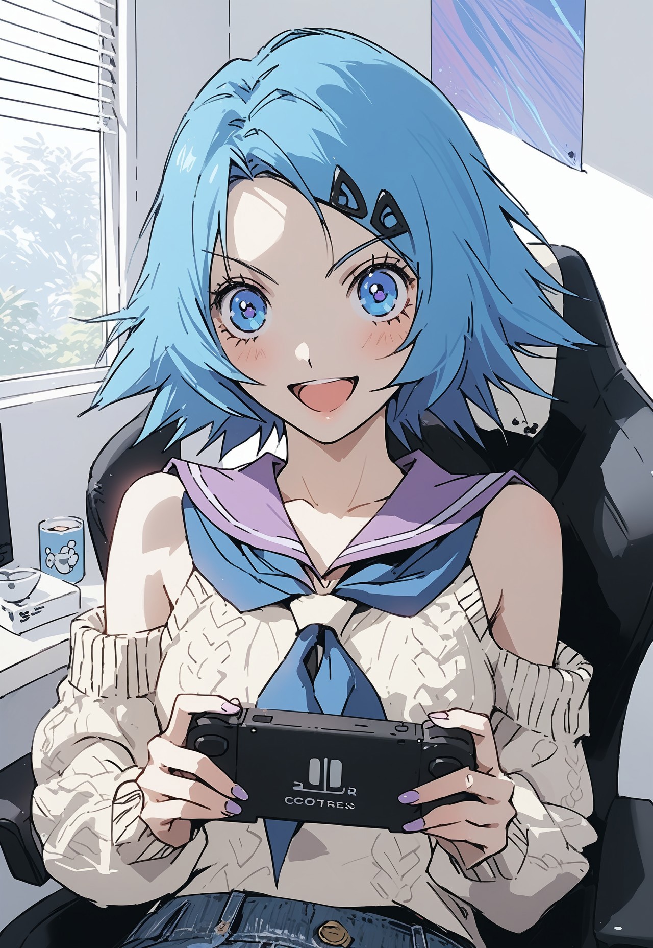 safe_pos, safe_pos, score_9, score_8_up, score_7_up, score_6_up, masterpiece, best quality,uncensored , source_anime , medium breasts , perfecteyes, 
Room, Windows,
sailor collar, open mouth, simple background, looking at viewer, serafuku, blue eyes, purple sailor collar, upper body, blue hair, neckerchief, hair ornament, black pupil,
sweater, cotton sweater, jeans,  bare shoulders, seductive look,
indoors, sitting on gaming chair, holding handheld game console, handheld game console, mischievious smile,