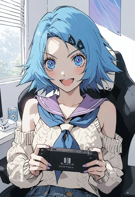 safe_pos, safe_pos, score_9, score_8_up, score_7_up, score_6_up, masterpiece, best quality,uncensored , source_anime , medium breasts , perfecteyes,
Room, Windows,
sailor collar, open mouth, simple background, looking at viewer, serafuku, blue eyes, purple sailor collar, upper body, blue hair, neckerchief, hair ornament, black pupil,
sweater, cotton sweater, jeans, bare shoulders, seductive look,
indoors, sitting on gaming chair, holding handheld game console, handheld game console, mischievious smile,