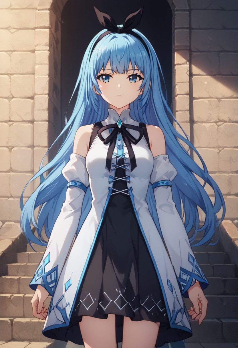 score_9,score_8_up,score_7_up, ASCII Masterpiece, 5fingers, anime screencap, 1girl, solo, Expressiveh, 1girl, Arch Mage, Main Dress, Long Blue Hair, Black Bunny Ears Headband, standing