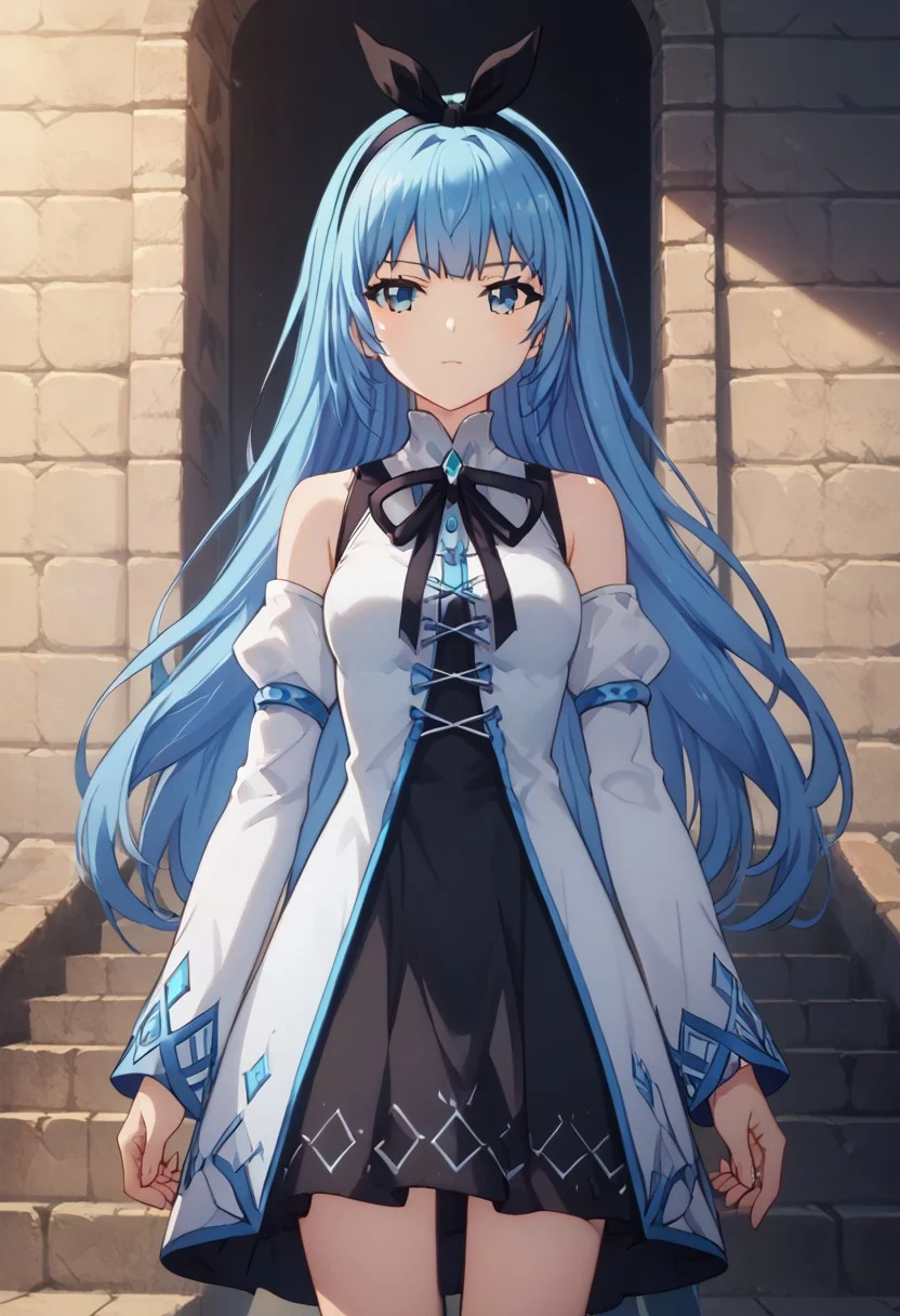 score_9,score_8_up,score_7_up, ASCII Masterpiece, 5fingers, anime screencap, 1girl, solo, Expressiveh, 1girl, Arch Mage, Main Dress, Long Blue Hair, Black Bunny Ears Headband, standing