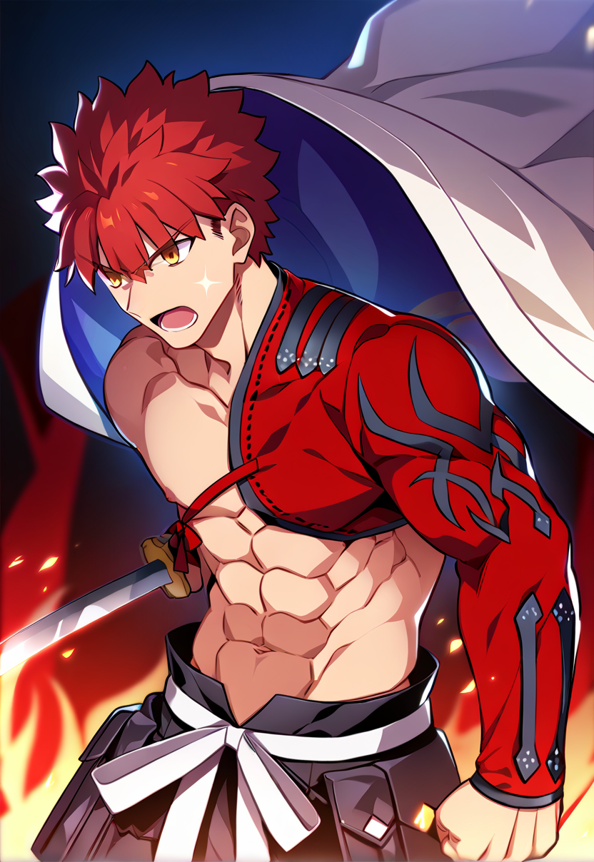 1boy, male focus, muscular male, best quality, amazing quality, best aesthetic, absurdres, official style, year 2023, game cg,  <lora:SenjiMuramasaFATEPONY:1> senji_muramasa_(fate), red hair, yellow eyes, igote,  katana, abs, nipples, navel, unlimited blade works \(fate\), serious, battoujutsu stance, angry, open mouth,