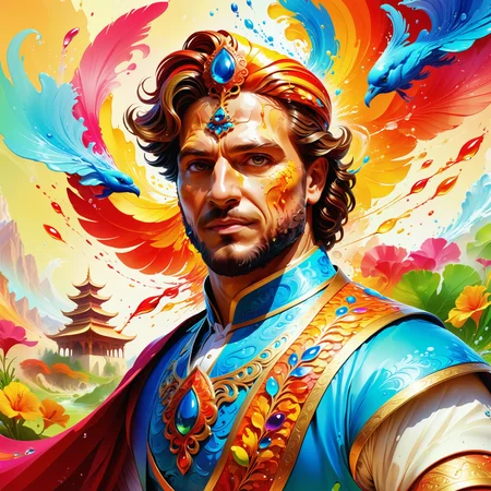 Jed-Spl4sh, <lora:ColourfulStyleV2-000006:0.8>, masterpiece, UHD, 64k, smooth colors, positive emotional, splash effect, digital art, (Guy:1.3) , hyperdetailed, magnificent, illustrious quality, exquisite color, very coherent