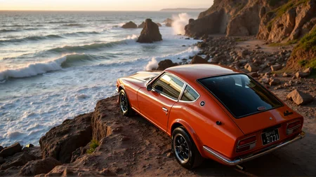Perched at the edge of a dramatic coastal cliff, a 1972 Nissan Datsun 240Z Fairlady in sunset orange captures the last light of the day. Its ducktail spoiler and round tail lights reflect the fiery hues of the setting sun, blending harmoniously with the rugged terrain. Waves crash against the rocks far below, sending salty mist into the air. The carâs chrome accents sparkle against the backdrop of an endless ocean, embodying freedom and adventure in this breathtaking vista
<lora:ral-nssndtsn_000001000:1>
