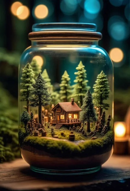 small wood forest world, inside a beautiful jar, illuminated miniature forest, depth of field, hyperdetailed photography, shot at night, 8K, award winning photo, amazing wallpaper, detailxl