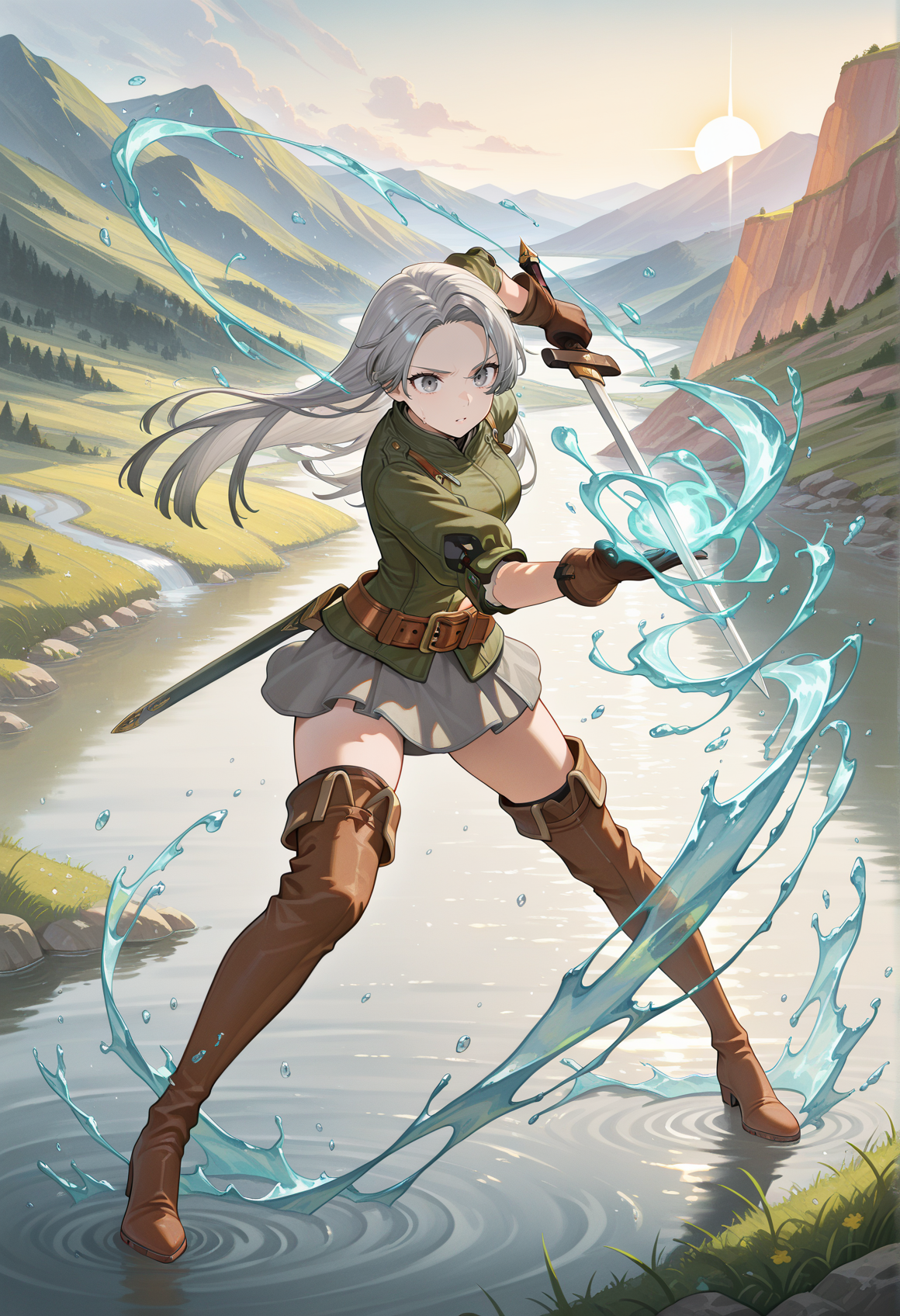 1girl, solo,  long hair, grey hair, gray eyes, green jacket, short sleeves, gloves, belt, grey miniskirt, thigh boots, holding sword, full body, fighting stance, outdoors, valley, casting spell, water magic <lora:chris_ligthfellow_illus:1>, masterpiece, best quality, amazing quality, very aesthetic, absurdres, highres, newest