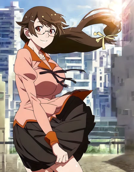<lora:pony_xl_hanekawa>,hanekawa,score_9,source_anime,best quality,masterpiece,super fine illustration,1girl,solo,looking_at_viewer,cowboy_shot,ribbon,naoetsu_high_school_uniform,school uniform,long sleeves,puffy long sleeves,pink shirt,black skirt,juliet skirt,pleated skirt,collarbone,smile,city,cityscape,front view,shining sunlight,lens_flare,hair_flaps,wind_lift,
