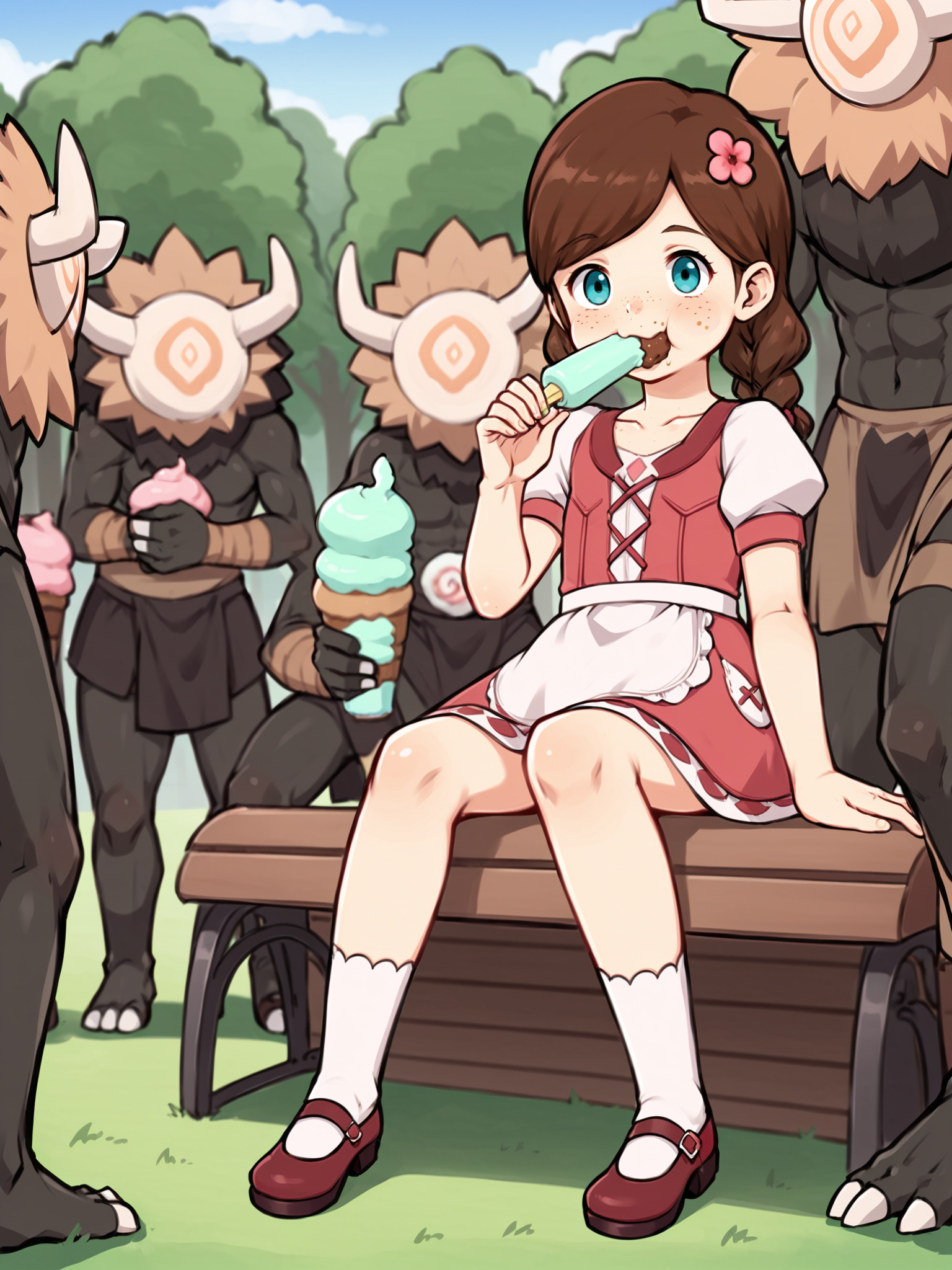 score_9, score_8_up, score_7_up, score_6_up, score_5_up, source_anime BREAK
<lora:Genshin_NPC_EllaMusk_Pony_v1:0.8>, 1girl, 1boy, solo, full body, (park, grass, trees, sitting on park bench together:1.3), (everyone  eating icecream:1.9), (hilichurl:1.8), (wearing loincloth, teal eyes, brown hair, swept bangs, twin braids, (hair flower:1), collarbone, pink dress, flower pattern, short sleeves, white sleeves, (white apron:1.1), puffy sleeves, white socks, bobby socks, brown footwear, (mary janes:1.5), (freckles on cheeks and nose:1.3), (tareme:1.5), smiling, happy, from side,  open mouth,