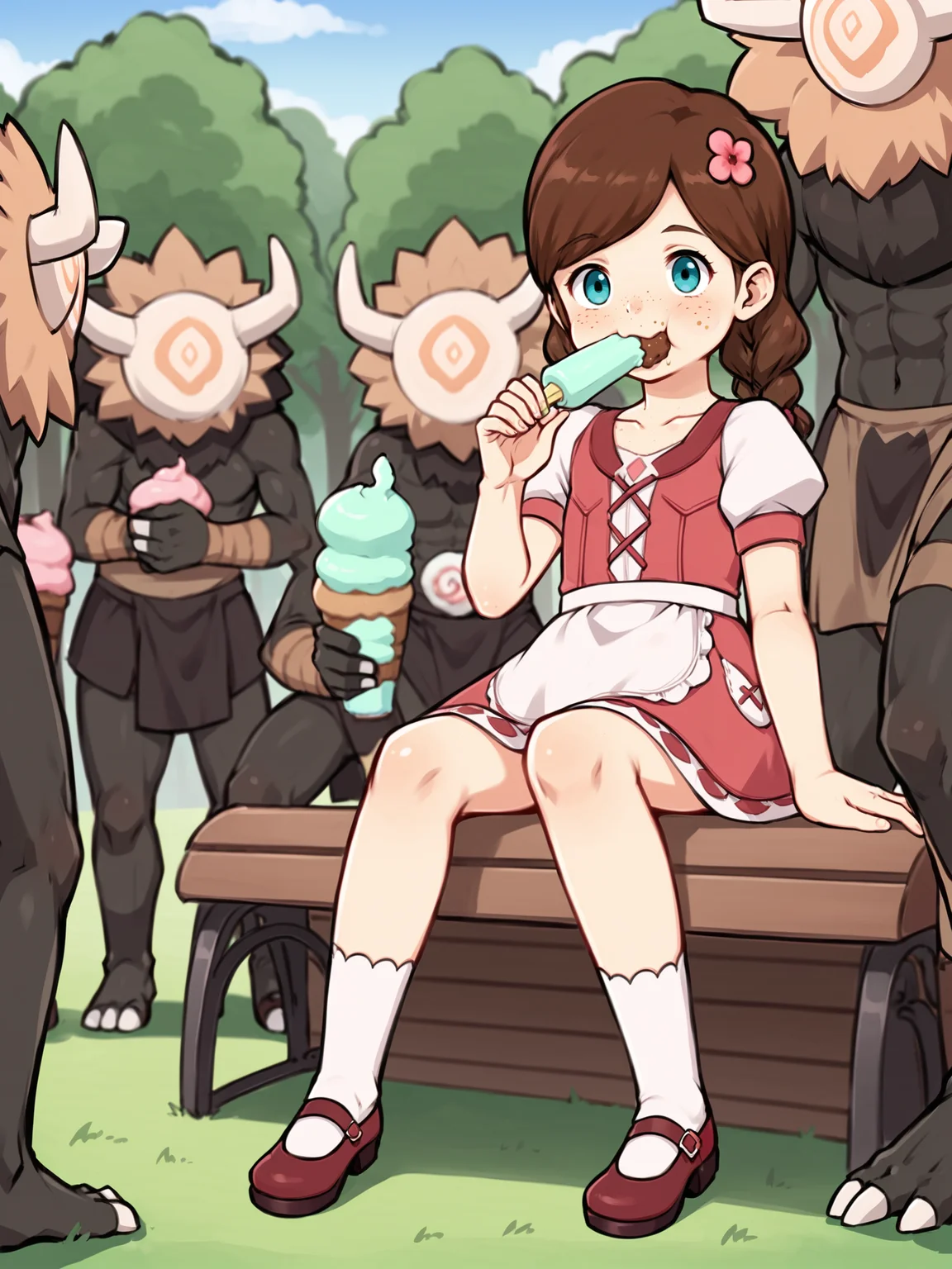 score_9, score_8_up, score_7_up, score_6_up, score_5_up, source_anime BREAK
<lora:Genshin_NPC_EllaMusk_Pony_v1:0.8>, 1girl, 1boy, solo, full body, (park, grass, trees, sitting on park bench together:1.3), (everyone eating icecream:1.9), (hilichurl:1.8), (wearing loincloth, teal eyes, brown hair, swept bangs, twin braids, (hair flower:1), collarbone, pink dress, flower pattern, short sleeves, white sleeves, (white apron:1.1), puffy sleeves, white socks, bobby socks, brown footwear, (mary janes:1.5), (freckles on cheeks and nose:1.3), (tareme:1.5), smiling, happy, from side, open mouth,