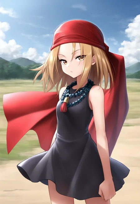 masterpiece, best quality, kojiann, short hair, blonde hair, brown eyes, short dress, sleeveless, bead necklace, red bandana, outdoors, looking at viewer,   <lora:Anna IXL 2-000012:1>