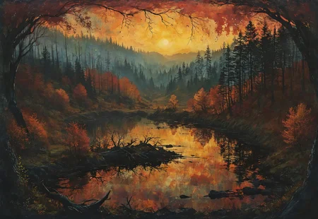 a valley of decaying trees, haunting twilight, gloom and doom, autumn vibes, tiny pond in the center, view from above, Volumetric lighting, Dreamyvibes Artstyle