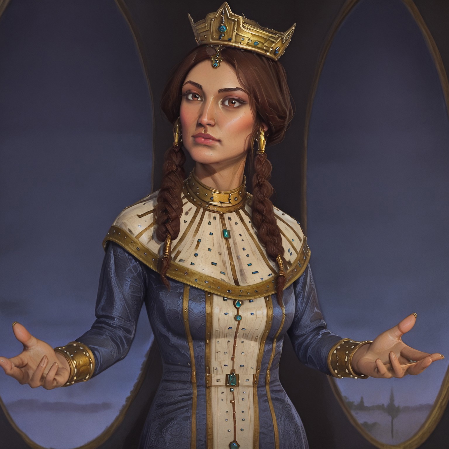 1girl, solo, tamar, blue and white dress, gold trim, gold jewelry, gold crown, brown hair, brown eyes, braid, twintails, dark-skinned female, gothic art, oil painting, traditional media, realistic