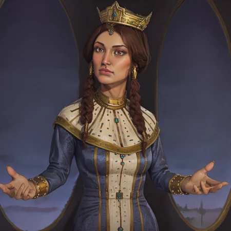 1girl, solo, tamar, blue and white dress, gold trim, gold jewelry, gold crown, brown hair, brown eyes, braid, twintails, dark-skinned female, gothic art, oil painting, traditional media, realistic