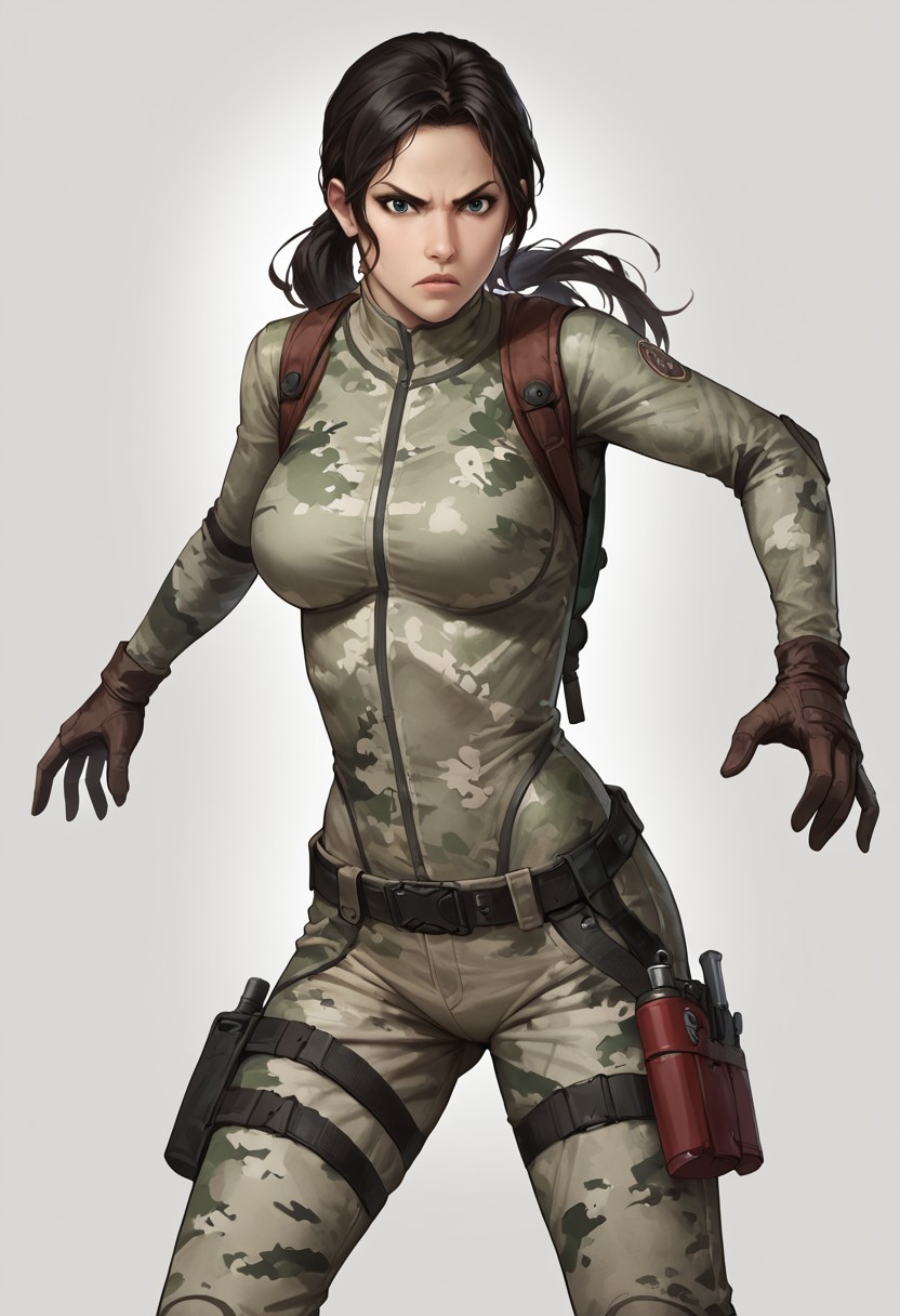 Score_9_up, score_8_up, score_7_up, source_realistic, cowboy shot, BREAK serious, 1girl, rewillow, black hair, ponytail, camouflage bodysuit, breasts, belt, holsters, gloves, backpack, fighting stance, holding, weapon, knife,