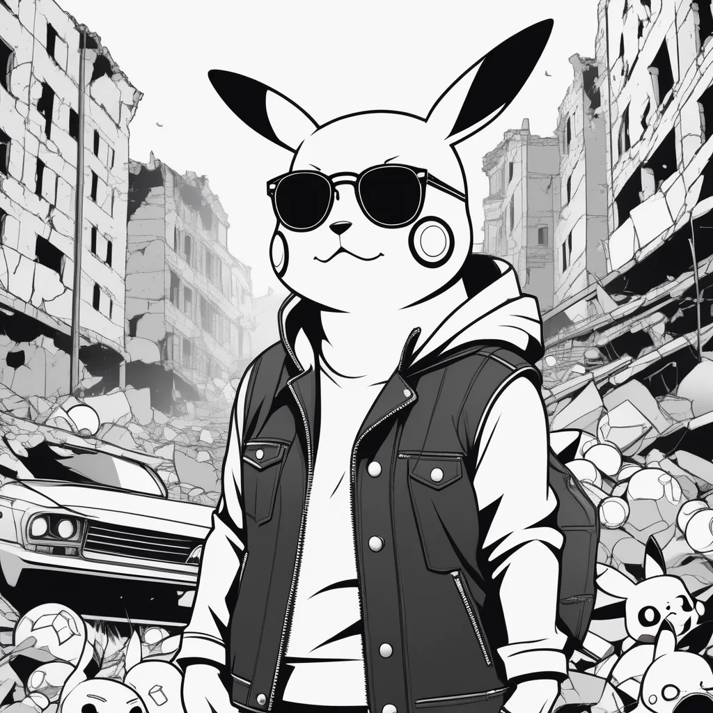 line art drawing An illustration of Pikachu in a leather jacket and sunglasses in a ruined city full of abandoned Pokballs . professional, sleek, modern, minimalist, graphic, line art, vector graphics
