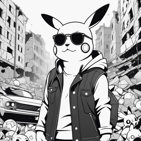 line art drawing An illustration of Pikachu in a leather jacket and sunglasses in a ruined city full of abandoned Pokballs . professional, sleek, modern, minimalist, graphic, line art, vector graphics