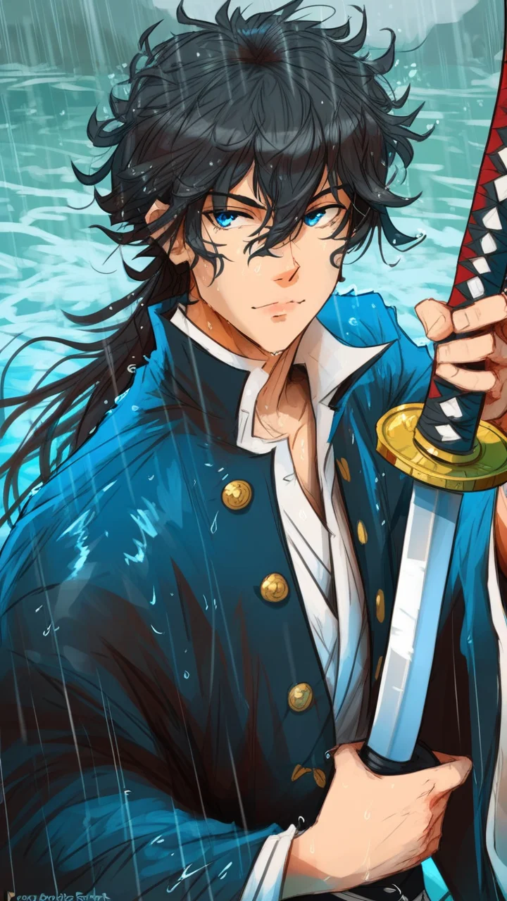samdoesarts, afrobull, Khyle, anninosj, cutesexyrobutts, CarmesJocelin, elliemaplefox, sei5osuzuki, score_9, score_8_up, score_7_up, solo, long hair, looking at viewer, bangs, blue eyes, black hair, long sleeves, 1boy, hair between eyes, closed mouth, jacket, upper body, weapon, male focus, japanese clothes, sword, signature, water, lips, black jacket, wet, katana, messy hair, rain, realistic, wet hair, haori, demon slayer uniform, tomioka giyuu