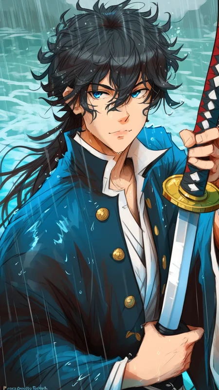 samdoesarts, afrobull, Khyle, anninosj, cutesexyrobutts, CarmesJocelin, elliemaplefox, sei5osuzuki, score_9, score_8_up, score_7_up, solo, long hair, looking at viewer, bangs, blue eyes, black hair, long sleeves, 1boy, hair between eyes, closed mouth, jacket, upper body, weapon, male focus, japanese clothes, sword, signature, water, lips, black jacket, wet, katana, messy hair, rain, realistic, wet hair, haori, demon slayer uniform, tomioka giyuu
