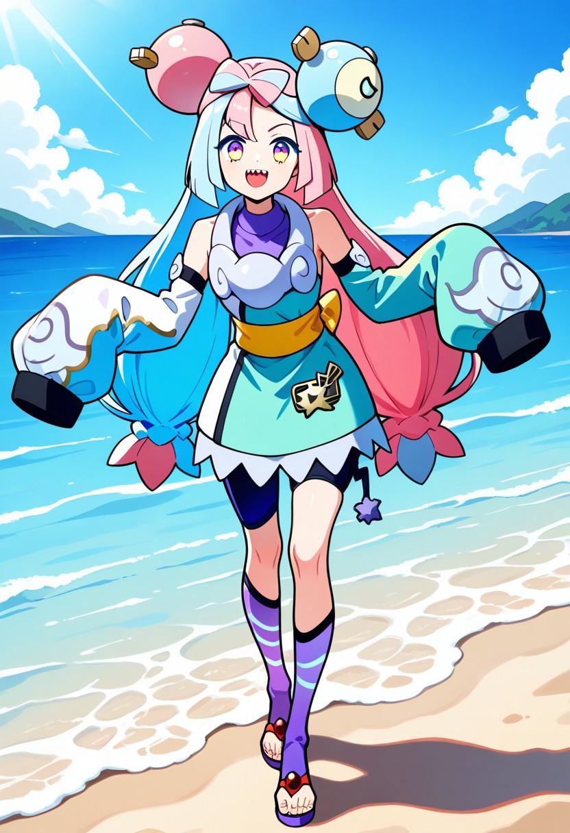 2d, masterpiece, best quality, amazing quality, 1girl, solo, close-up, standing, open mouth, full body, smile, looking at viewer, colorful background,walking, day, beach, sand, sea, sky, clouds, sunny day, leaning forward, feet in water,sygiono, ex colors, purple hair, blue hair, purple eyes, bow-shaped hair, low-tied long hair, character hair ornament, purple shirt, sleeveless dress, two-tone dress, white dress, aqua dress, detached sleeves, aqua sleeves, white sleeves, white collar, bare shoulders, sleeves past fingers, oversized clothes, yellow sash, purple shorts, toeless legwear, purple legwear, kneehighs, sandals, purple footwear