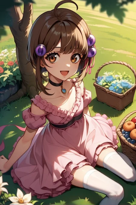 score_9, score_8_up, score_7_up, very aesthetic, source_anime, detailed, high quality, beautiful, masterpiece, detailed eyes,
<lora:lightXL:0.8>
village, blurry background,
cowboy shot, close up, dynamic angle
flat chest, sitting, on a picnic, basket, looking at viewer, under a tree, smile, open mouth,
<lora:reala_autismConfetti_v01:0.99>
reala \(tales\), 1girl, brown hair, hair ornament, brown eyes, ahoge, short hair,
choker, pink dress, frills, ribbon, collarbone, white thigh highs, pink footwear, zettai ryouiki,, zPDXL