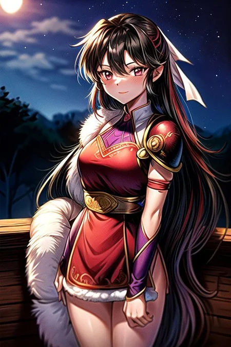 best quality 1girl Setsun4 solo long hair, (night time) forest background black hair very long hair purple eyes multicolored hair armor, small, (fur trim) (medium body),<lora:EMS-179-EMS:0.800000>,<lora:EMS-293862-EMS:0.800000> bow, hair_bow, hair_tubes, red_bow, brown_hair, long_hair, bangs, ascot, frilled_bow, yellow_ascot, blush, smile, hair_between_eyes, athletic, armor, miko, ,(((intricate outfit,intricate clothes,embroidered outfit,ornate outfit,embroidered clothes,ornate clothes))), strengthmda