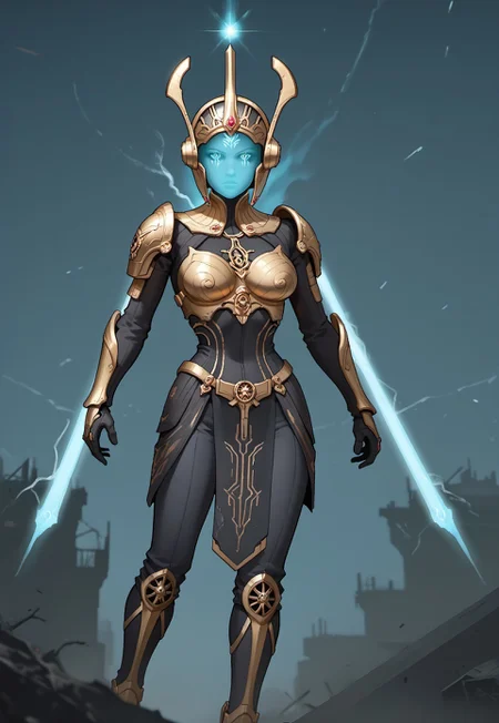 safe_pos, safe_pos, score_9, score_8_up, score_8,source_anime, A towering alien warrior stands in the shadows, exuding an aura of raw power and deadly precision. Its biomechanical armor, sleek yet menacing, is adorned with glowing energy veins pulsing in an eerie neon hue. Its elongated helmet, featuring a sharp, intricate design, conceals a face unknown to mortals, while its piercing, luminescent eyes glow like twin burning stars. Arcane symbols and battle scars are etched into its armor, telling tales of countless battles across galaxies. In its hands, it wields a high-tech, futuristic weapon—an elegant yet brutal fusion of energy and steel, humming with lethal potential. The environment around it is a dystopian battlefield, littered with remnants of fallen foes and illuminated by flickering alien glyphs. Swirling mist and electric storms crackle in the distance, framing the warrior in a scene of pure chaos and dominance. It stands motionless yet poised, a silent harbinger of destruction, a legendary Warframe forged for war.detailed eyes,anime-style, ultra-detailed, vibrant colors, high-quality shading, semi-realistic lighting,solo focus, european style, Expressiveh,easynegative