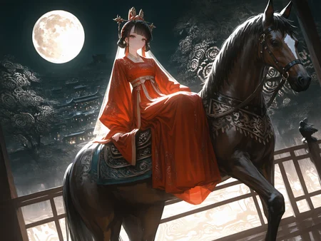 masterpiece, best quality, amazing quality, very aesthetic, absurdres, newest, Dutch Angle,Wide Shot, a Hanfu Bride, Sitting sideways Riding a balck horse, Sitting sideways on horse,Horse standing still,
her elegant silhouette outlined against the dark night sky. She gazes up at the full, round moon that illuminates the heavens with a soft, ethereal glow. Her delicate red hanfu, embroidered with intricate patterns, looking_at_viewer, Peaceful, serene, gentle,
shadowy lighting, cinematic atmosphere, <lora:ponyv4_noob1_2_adamW-000017:0.7000000000000001> <lora:USNR_STYLE_XL_lokr:1>