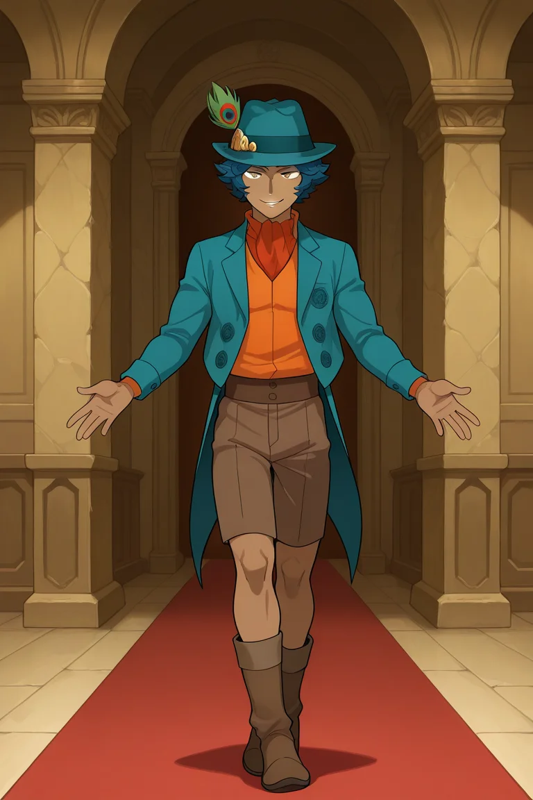 frieezastance, outstretched arms, open hands, legs together, 1boy, solo, male focus, toned male, muscular male, mature male, Krishna, Blue hair, Short hair, Grey eyes, Dark skin, dark-skinned male, Orange shirt, Blue jacket, Brown boots, Brown shorts, hat, smile, parted lips, indoors, temple, straight-on, facing viewer, score_9, score_8_up, score_7_up, Absurdres, Intricate Details, Masterpiece, Best Quality, Expressiveh,