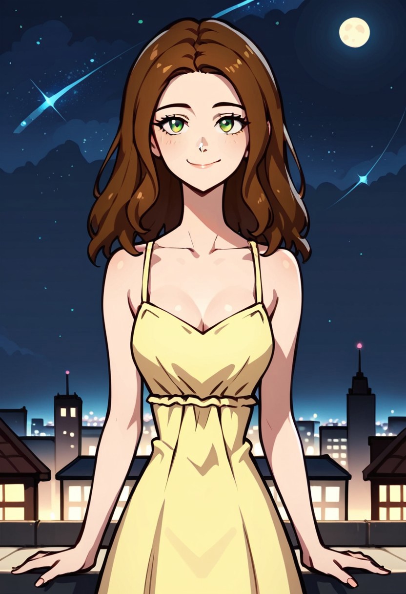 score_9, score_8_up, score_7_up, score_6_up, score_5_up, source_anime, Expressiveh
SBAbigail, 1girl, solo, brown hair, long hair, green dot eyes, Casual yellow dress, sleeveless dress, cowboy shot, looking at viewer, smile
windy, windy dress, windy hair, night, sky, looking up, hands on forehead, stars, moon, dark, rooftop, cityscape, outdoors, city lights, house, suburbs