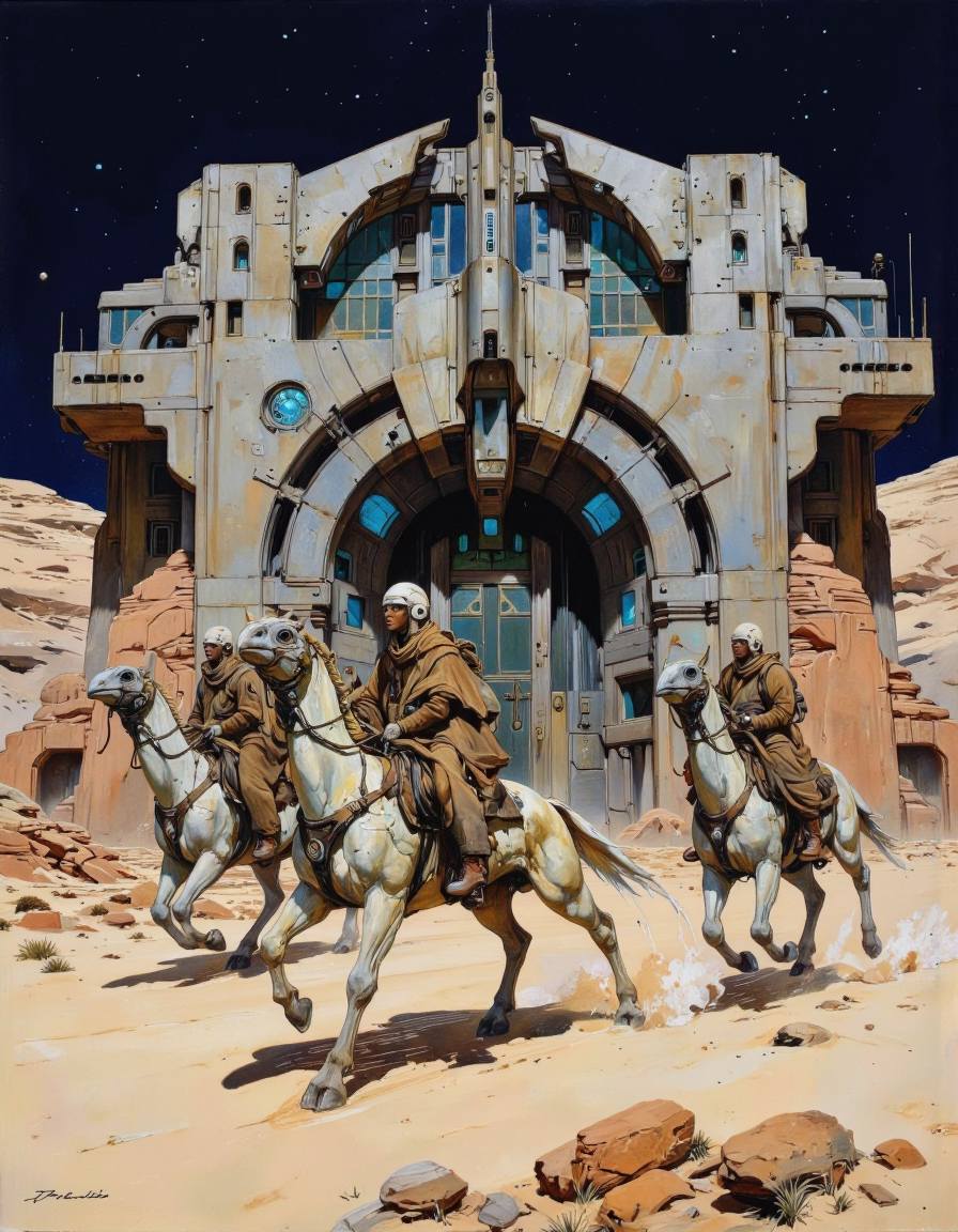 By theaicolab. This is a highly detailed digital artwork depicting a futuristic desert scene under a starry night sky. The scene is dominated by a large, intricate, metallic structure in the background, resembling a space station or a futuristic city, with numerous windows and glowing lights. The structure has a sleek, modern design with curved, organic shapes and a central archway that casts a shadow across the foreground. 
In the foreground, three robotic, bird-like creatures with long, slender necks and large, pointed beaks are galloping across the sandy terrain. They are equipped with various mechanical parts and glowing lights, suggesting advanced technology. Each creature is ridden by a human figure dressed in a brown, long coat and a white helmet, indicating a futuristic, possibly space-faring environment. The riders appear to be engaged in some sort of mission or exploration, as they are equipped with backpacks and other gear.
The overall color palette of the image is dominated by earthy tones of brown, beige, and grey, with highlights of metallic silver and blue from the structure and the sky. The texture of the sand and the metallic surfaces are highly detailed, adding to the realism of the scene. <lora:The_AI_Colab:1>