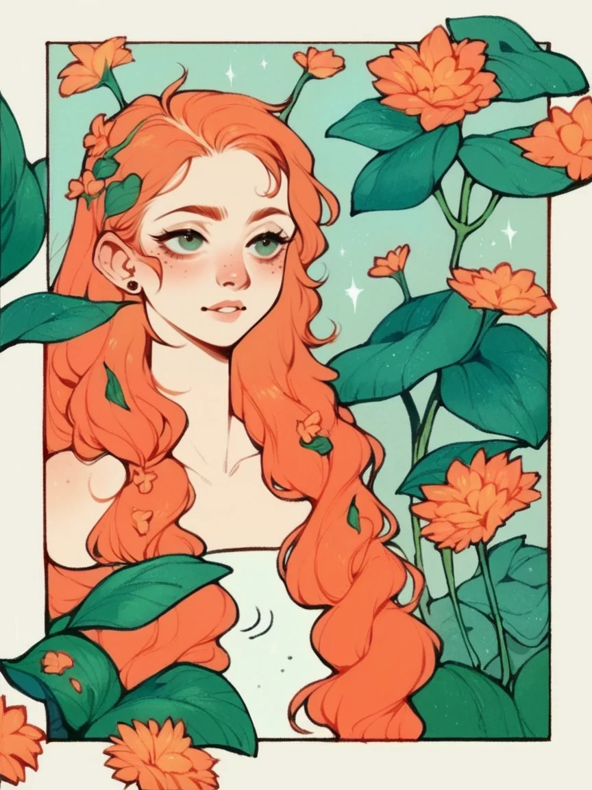 score_9, score_8_up, score_7_up, score_6_up,  <lora:p4n3lsXLP:0.9> p4n3ls, 1girl, flowers, long hair, ginger hair, comic,