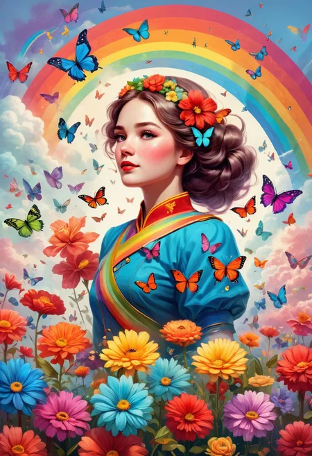 Flowers, masterpiece, dream, fantasy, epic, chaos, magnificent, rainbow, cute, retro style, International Women's Day, Holiday, communism, uber realistic , hd, epic quality, butterfly
