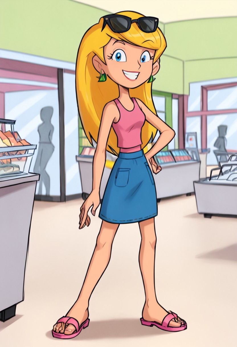 1girl, solo, score_6, score_7, score_8, score_9, masterpiece, best quality, highly detailed, sabrina spellman, Sabrina The Animated Series, blonde hair, pret teen, middle schooler, blue eyes, long hair, swept bangs, looking at viewer, smile, earrings, mismatched earrings, standing, indoors, inside a shopping mall, full body shot, smile, looking at viewer, happy, pink tank top, midriff, (blue skirt), denim skirt, button front skirt, tight skirt, pink sandals, ray ban shades, (with sunglasses on top of her head), she has one hand on her hip, she is posing like a model