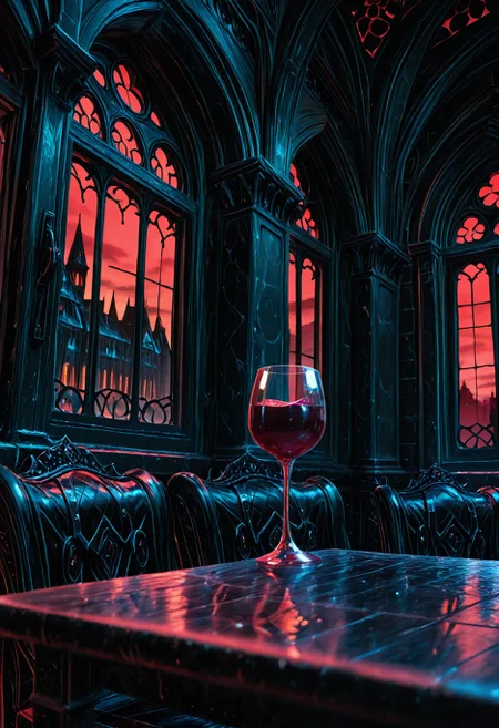SmoothNoob_Quality, no humans, gothic architecture, darkness, barred window, red sky, expensive furniture, indoors, table, wine glass, <lora:Smooth_Booster:1> <lora:SLE_v2:-0.5>