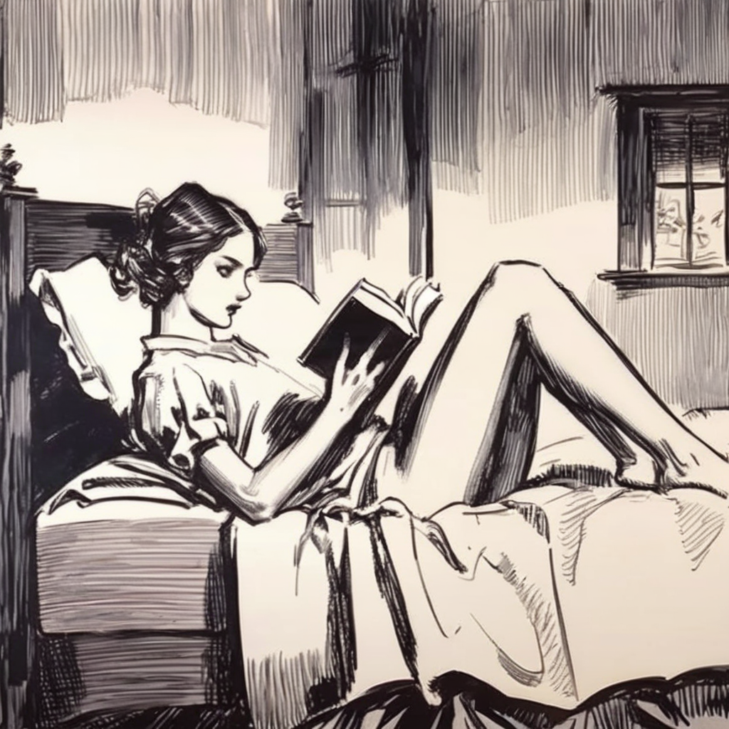 drawix6 girl on the bed in the bedroom with a book, black ink <lora:drawix6:1>