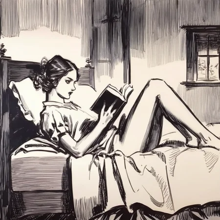 drawix6 girl on the bed in the bedroom with a book, black ink <lora:drawix6:1>