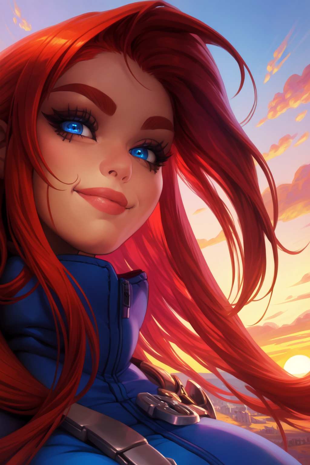 1girl, (solo:1.2), (portrait:1.6), (close-up:1.3), (looking at viewer:1.3), (gazing), (frontal), (beautiful detailed eyes:1.5), (subtle smile:1.2), happy, (closed mouth:1.2), (masterpiece:1.3), (best quality:1.3), (perfect anatomy:1.4), highly detailed, (orange sky:1.2), (cowboy scenery:1.2), (sunset:1.4), outside, summer, (red hair:1.4), (straight hair:1.5), (long hair:1.5), (bangs:1.5), (blue eyes:1.2), (large breasts:1.3), (wide hips:1.3), beautiful face, beautiful eyes, <lora:Calm [MockAI - v1.0]:1> calmart, (painterly style:1.2), (expert shading:1.2), soft shading, highly detailed, (no lineart:1.4), western artstyle
