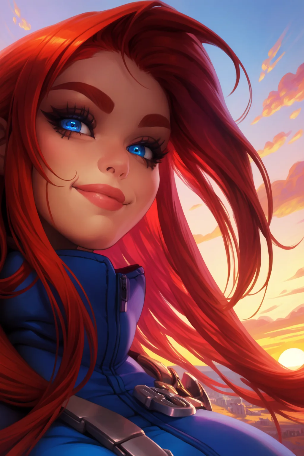 1girl, (solo:1.2), (portrait:1.6), (close-up:1.3), (looking at viewer:1.3), (gazing), (frontal), (beautiful detailed eyes:1.5), (subtle smile:1.2), happy, (closed mouth:1.2), (masterpiece:1.3), (best quality:1.3), (perfect anatomy:1.4), highly detailed, (orange sky:1.2), (cowboy scenery:1.2), (sunset:1.4), outside, summer, (red hair:1.4), (straight hair:1.5), (long hair:1.5), (bangs:1.5), (blue eyes:1.2), (large breasts:1.3), (wide hips:1.3), beautiful face, beautiful eyes, <lora:Calm [MockAI - v1.0]:1> calmart, (painterly style:1.2), (expert shading:1.2), soft shading, highly detailed, (no lineart:1.4), western artstyle