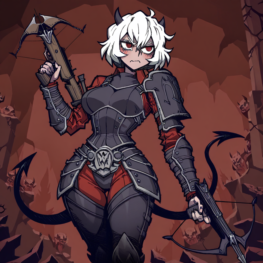 masterpiece, best quality, newest, absurdres, highres, D3-ART-V1, 1girl, malina (helltaker), demon girl, short hair, white hair, horns, demon tail, crossbow, armor, holding crossbow, holding weapon,