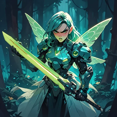 score_9, score_8_up, score_7_up, score_6_up, score_5_up, score_4_up, (1girl, fairy, fairy wings, Expressiveh, flushed, blushed very angry, mad, high Angle View , Bangs, cute, wearing glowing shiny mecha armor, blushed skin, galaxy vortex, translucent hair, freckled girl, long hair, angry face:1.2), forest in background, holding glowing sword, hkmecha