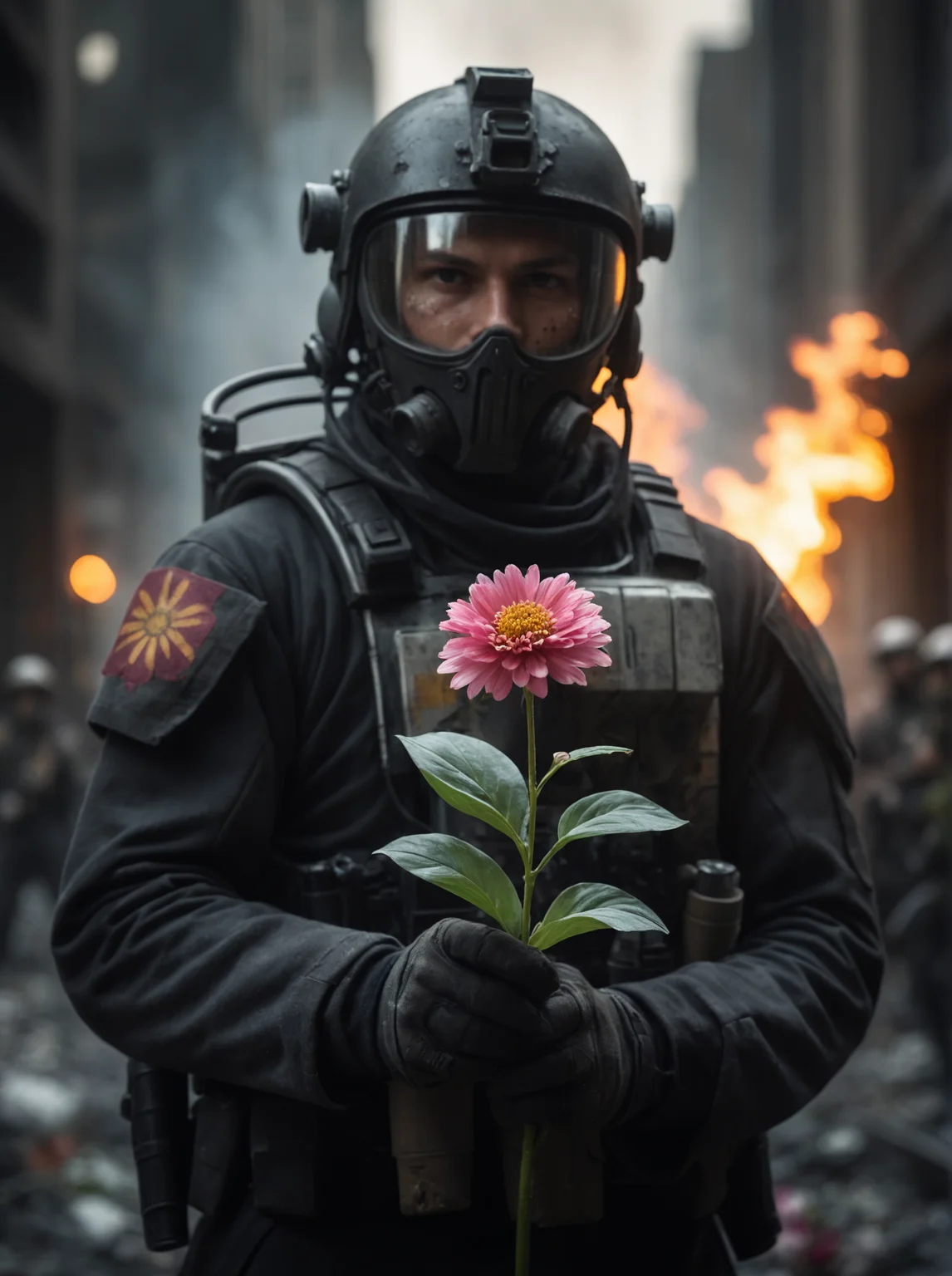 cinematic film still, a city, riot, fire, a dystopian future, year 3000, sci fi, amazing details, (a soldier holding a small flower), dark atmosphere, shallow depth of field, vignette, highly detailed, high budget, bokeh, cinemascope, moody, epic, gorgeous, film