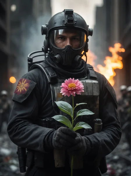 cinematic film still, a city, riot, fire, a dystopian future, year 3000, sci fi, amazing details, (a soldier holding a small flower), dark atmosphere, shallow depth of field, vignette, highly detailed, high budget, bokeh, cinemascope, moody, epic, gorgeous, film