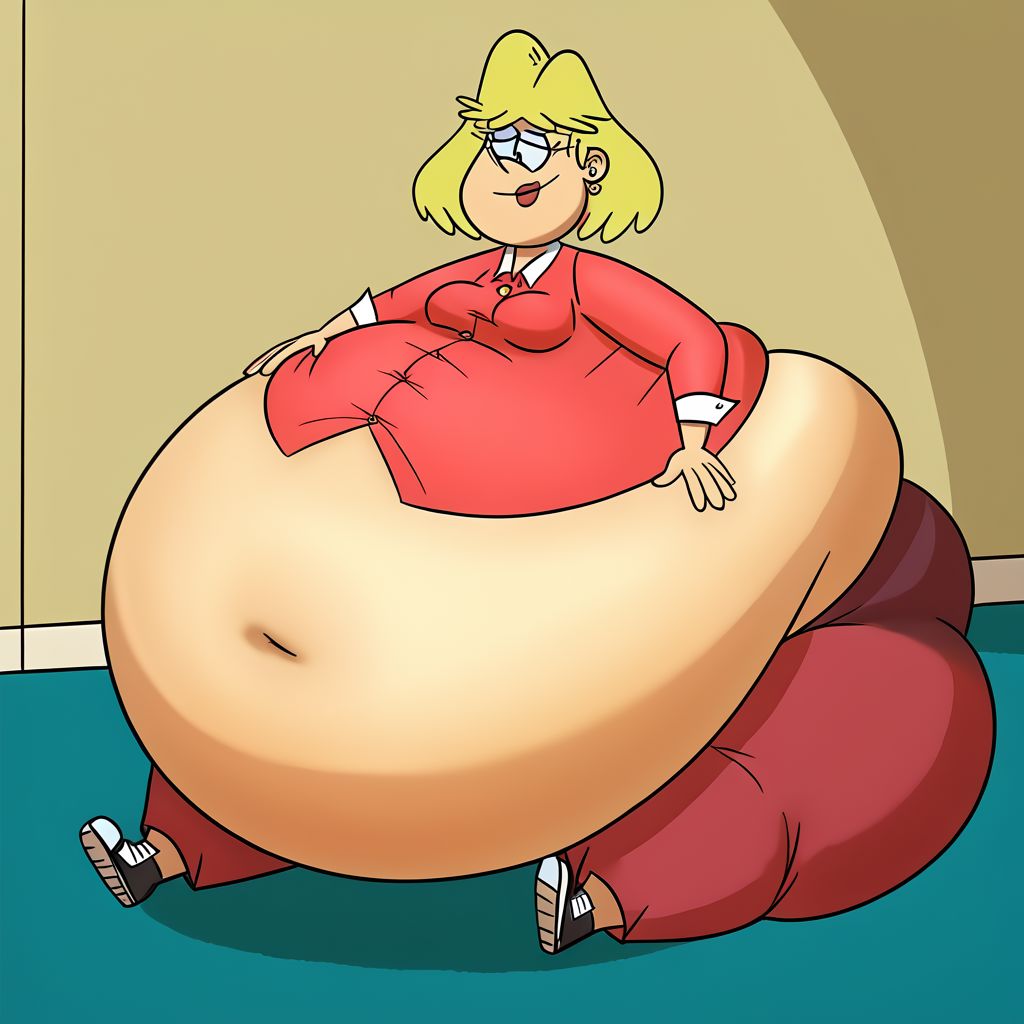 female, rita loud, 1girl, solo, blonde hair, short hair, earrings, jewelry, smile, lipstick, stud earrings, shirt, pants, Gigantic tummy, Gigantic tummy, sitting on floor,