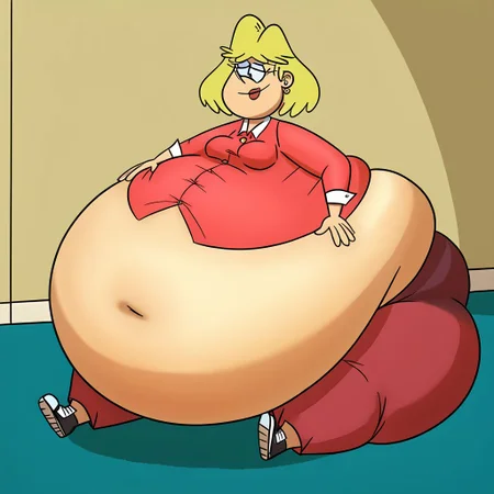 female, rita loud, 1girl, solo, blonde hair, short hair, earrings, jewelry, smile, lipstick, stud earrings, shirt, pants, Gigantic tummy, Gigantic tummy, sitting on floor,