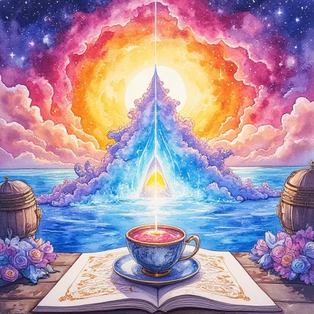 sunset, helmet, electric guitar, watercolor lighthouse, watercolor Iconic objec, watercraft, watercolor Nebula, watercolor mystical runes, barrel, sparkle, A painting of an open book with a cup of tea on top of it., yellow eyes, smile, A watercolor painting of a triangle with clouds in it., blue rose, dancing, breastplate