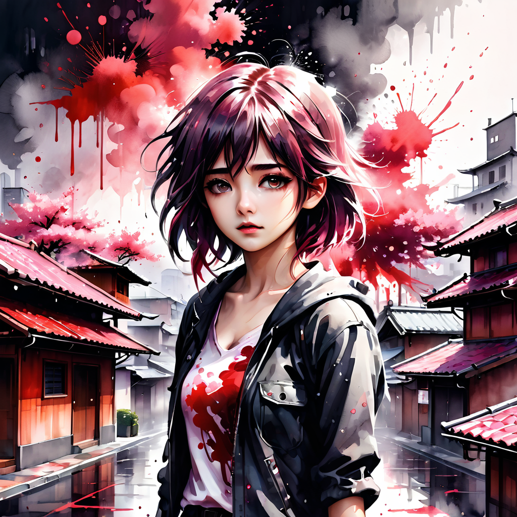 ink splashing,semi realistic, 2d game scene,oil and watercolor painting,
 <lora:fantasy_world:1>ï¼
full body,Blood Mist, background_Urban rooftop,1 girl,despair,blood sakura,((masterpiece)), (((best quality))), ((ultra-detailed)), ((illustration)), ((disheveled hair)),Blood Cherry Blossom,torn clothes,crying with eyes open,solo,Blood Rain,bandages,Gunpowder smoke,beautiful deatailed shadow, Splashing blood,dust,tyndall effect