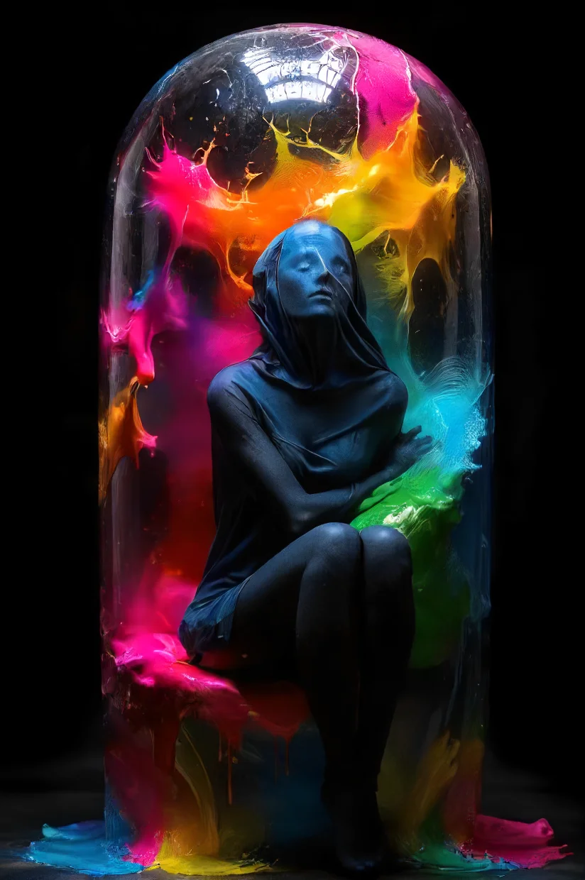 emotionless in a colorful fantasy dream  <lora:- SDXL - covered_in_stuff_V1.0:1>