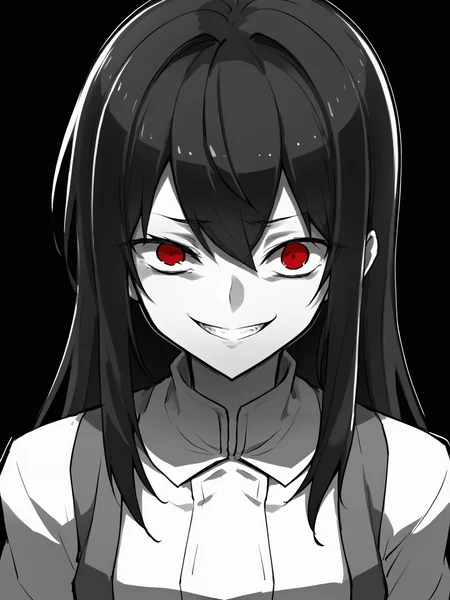 score_9, score_8_up, BREAK, source_anime, monochrome, greyscale, ebiblue, gesugao, 1girl, black hair, long hair, red eyes, (glowing eyes:0.5), smile, looking at viewer, solo, sketch, black background <lora:EbiblueXL:1>