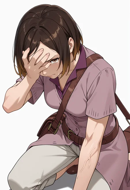 Smooth Quality,masterpiece,very intricate, high quality details, ultra realistic, high detailed skin,detailed enviorement,absurdres,
simple background, white background,
kneeling pose, one hand on the ground, other hand reaching forward, focused gaze, tense muscles,  ,akanbe,facepalm,sobbing, <lora:Kirara_Mizutani_cnn:0.8> 1girl, short hair, brown hair, multicolored hair, two-tone hair, brown eyes, at viewer, upper body,shirt, short sleeves, collared shirt, coat, pants, purple shirt,brown belt, shoulder bag,